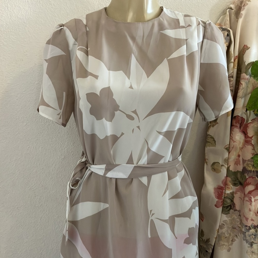 Vintage Dress Tan and Cream Chiffon Hand Made Dress with Tie Belt midi